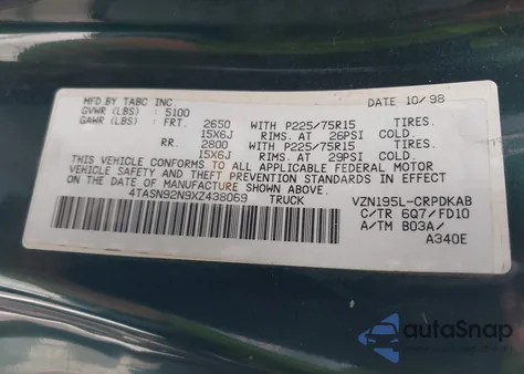 1999 Toyota Tacoma Prerunner V6 из США, поврежденный, VIN 4TASN92N9XZ438069